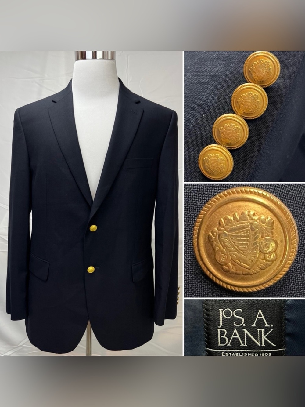 Jos A Bank Men’s 40R Gold Button Navy Wool Blazer Jacket Sport Coat